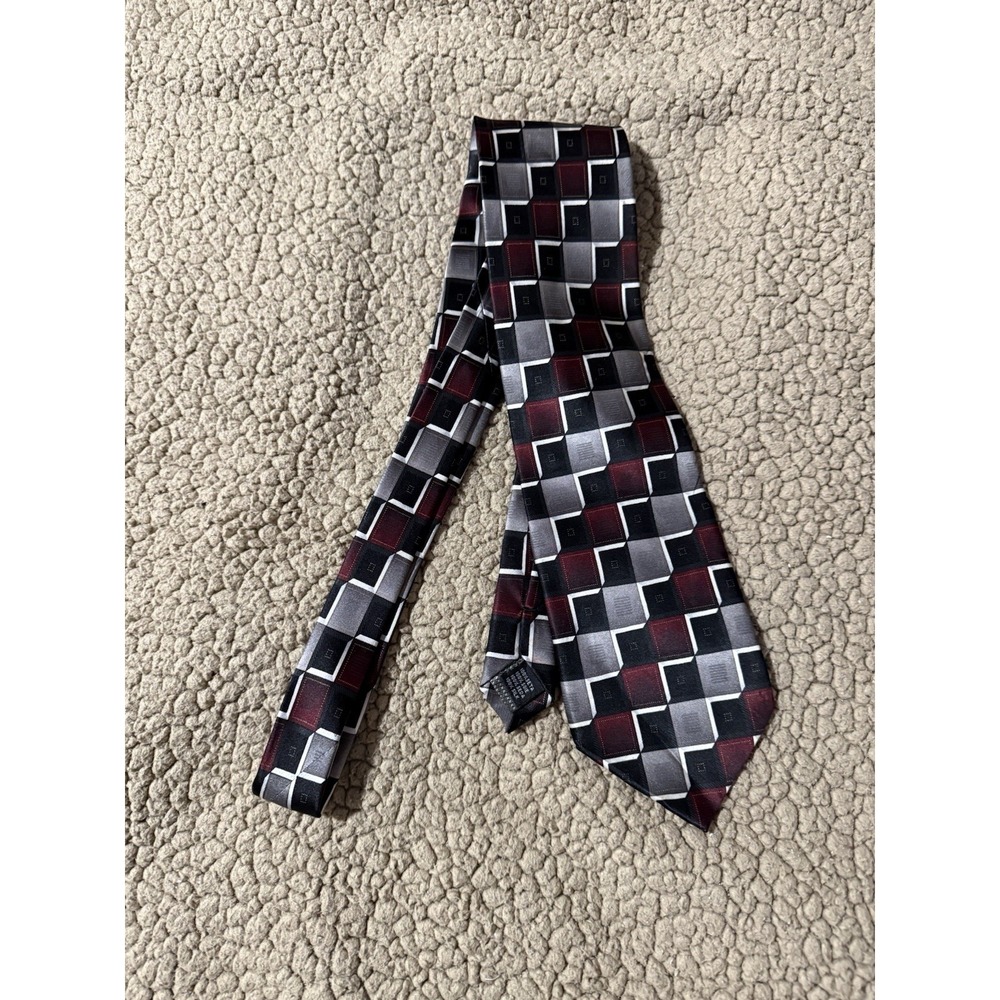 Valerio Garati‎ Mens Silk Tie Burgundy Grey Black Geometric Square Hand Made
